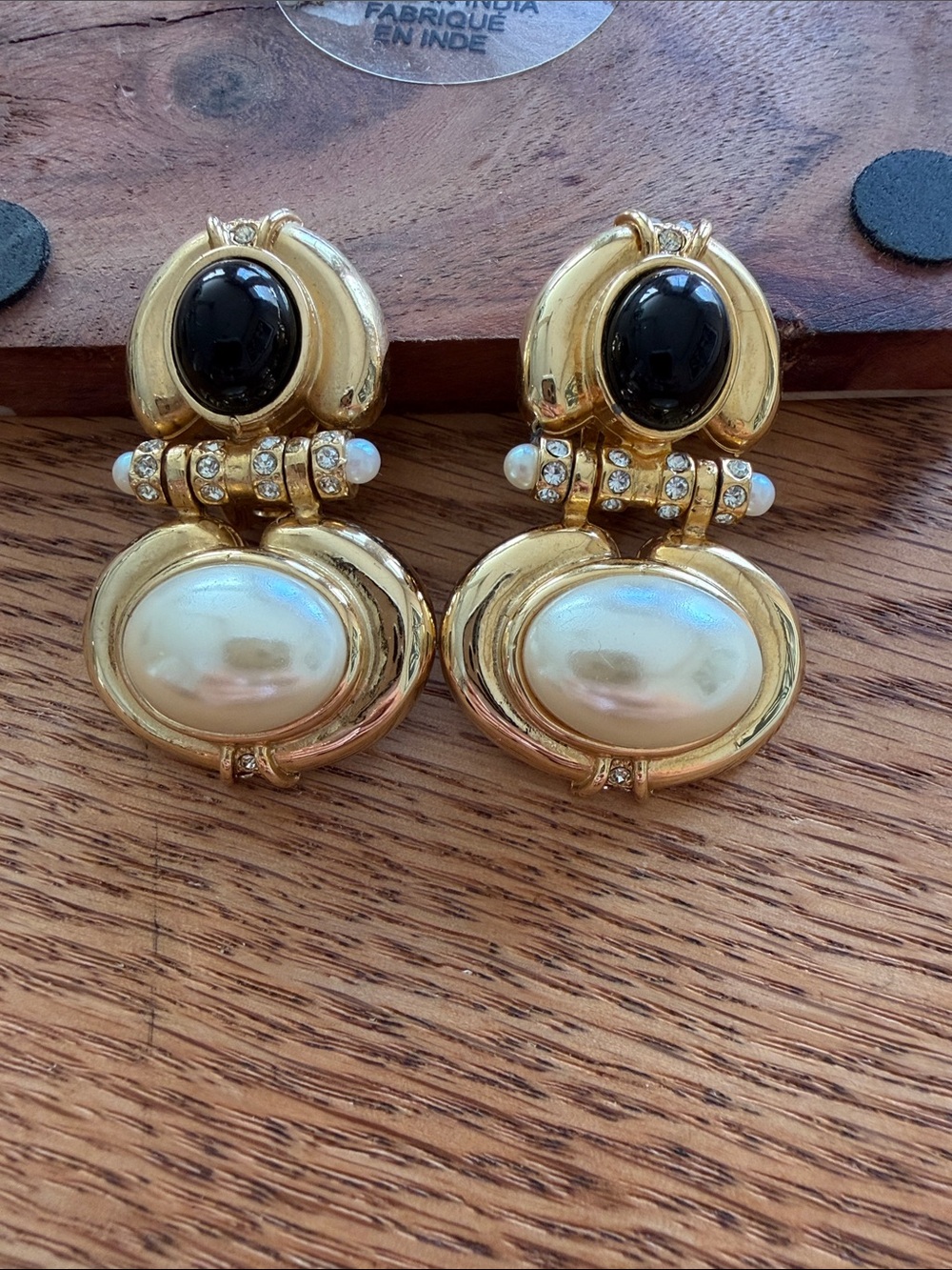 ✨ Vintage BLANCA Statement Earrings – Gold-Tone, Black & Iridescent Cabochons
